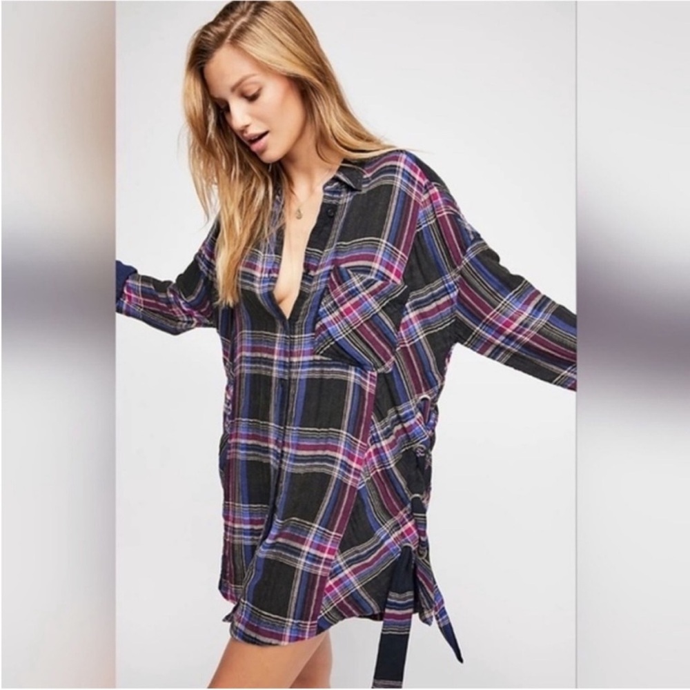 Free People Nordic Plaid Button Down Braided Lace Up Flannel Top | Medium